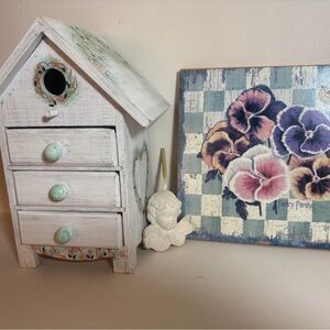 Birdhouse Trinket Drawer + Fancy Pansy Sign + Cherub Decor Bundle